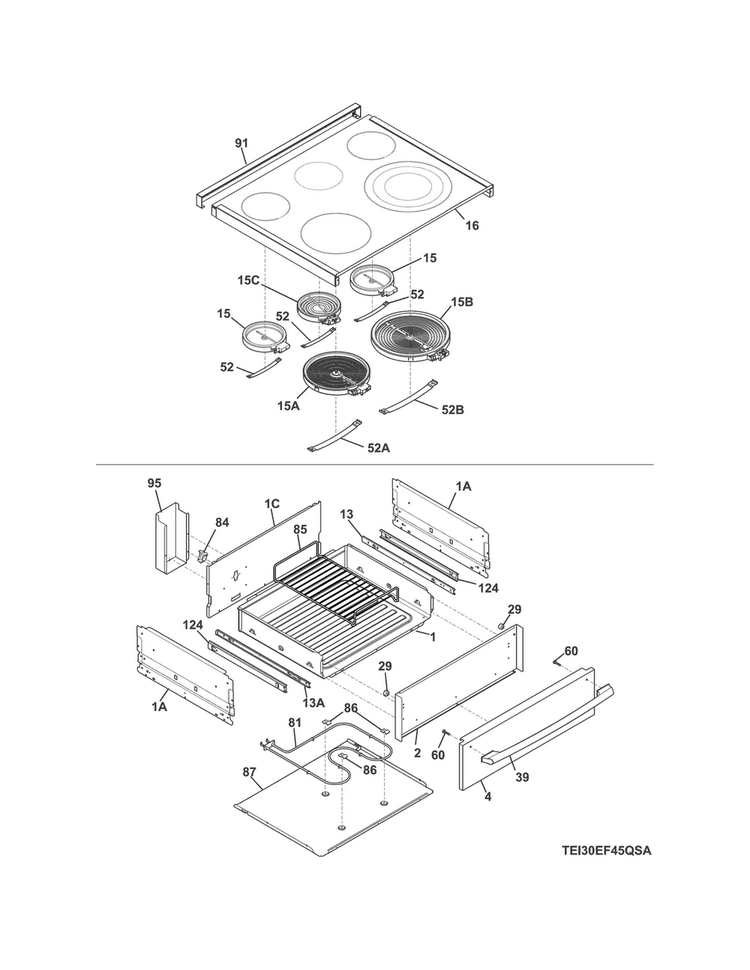 Top/drawer Diagram and Parts List for EI30EF4CQSB  Electrolux Range
