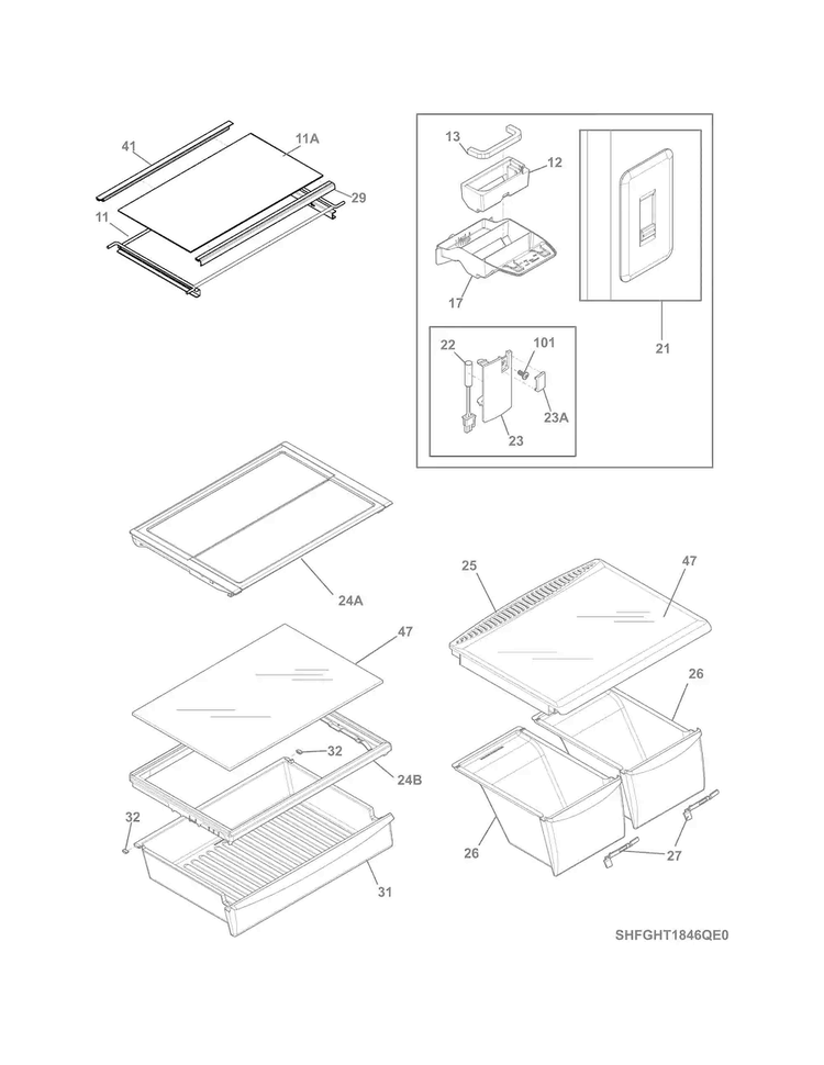 Shelves Diagram and Parts List for LGHT1846QE1  Frigidaire Refrigerator