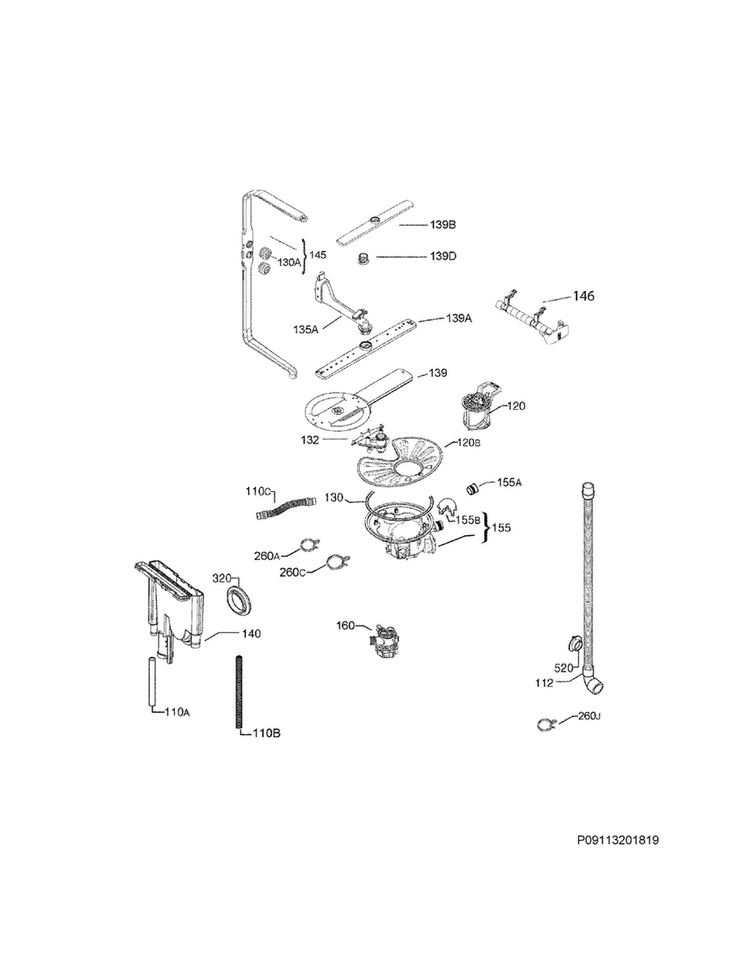 Wash System Diagram and Parts List for E24ID74QPS3A  Electrolux Dishwasher