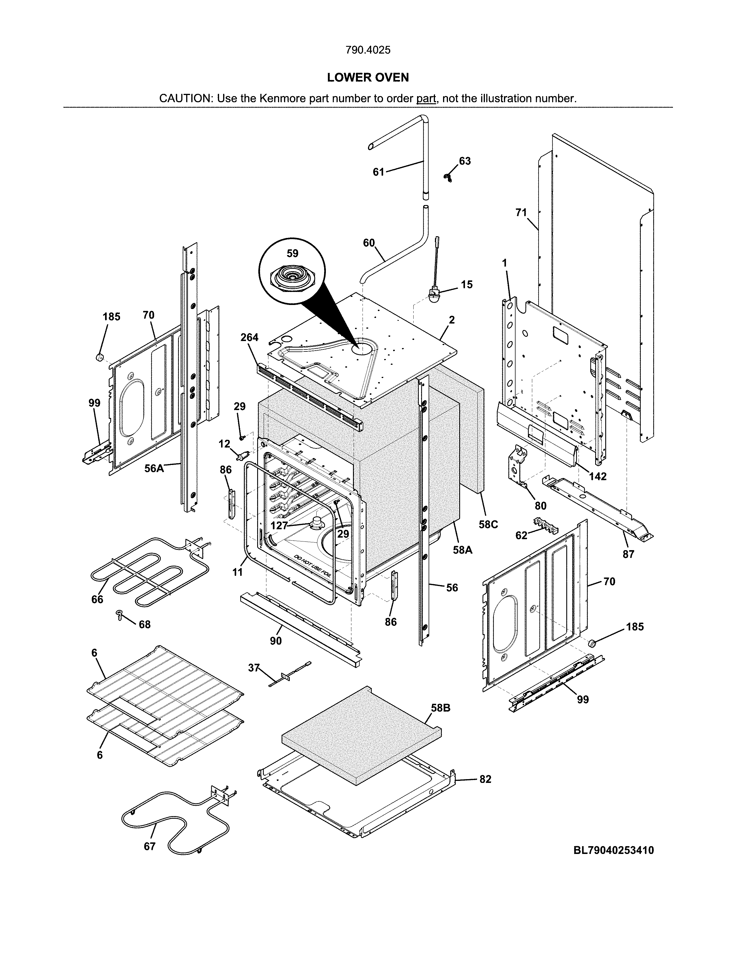 Lower Oven Diagram and Parts List for 79040252411  Kenmore Wall Oven
