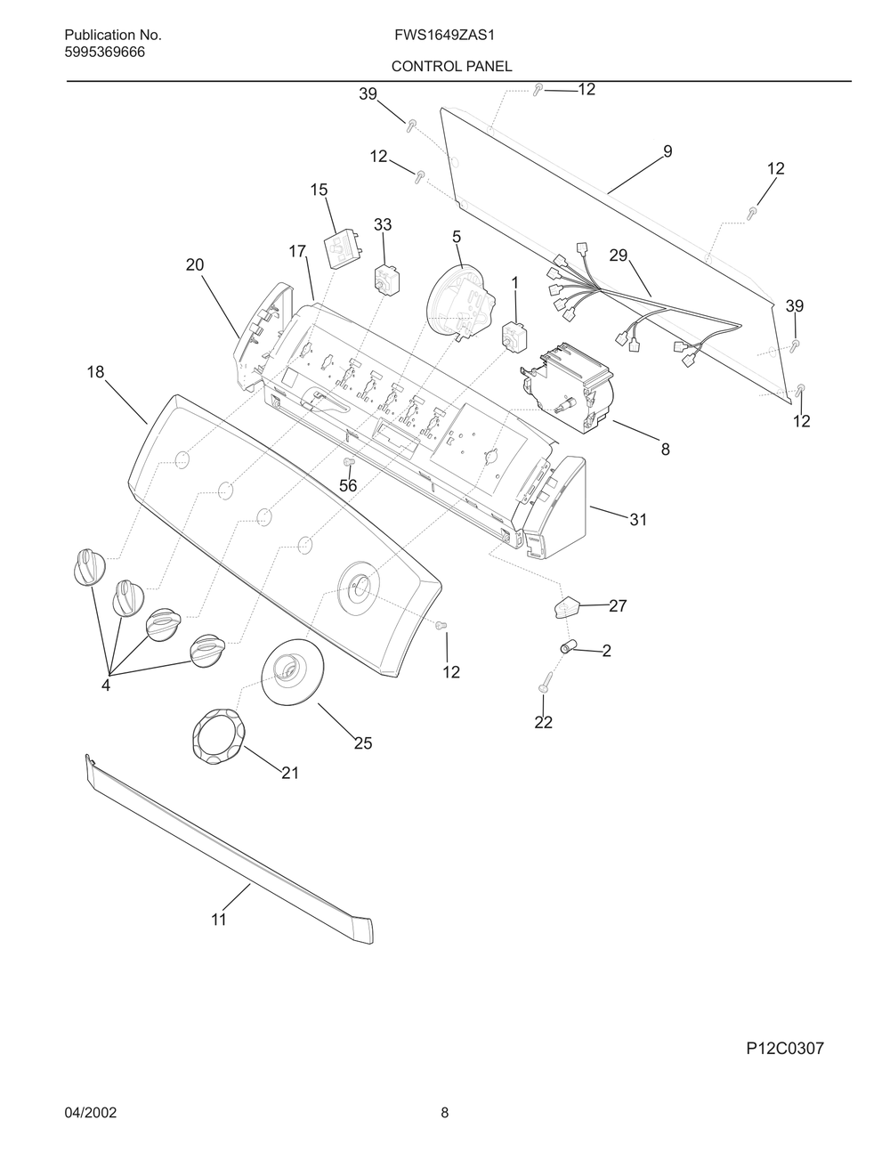 Control Panel Diagram and Parts List for FWS1649ZAS1  Frigidaire Washer