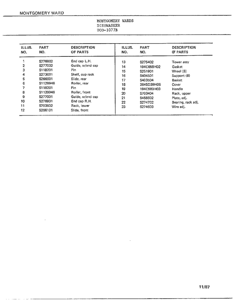 Dishwasher Page 11 Diagram and Parts List for 1077B  Frigidaire Dishwasher