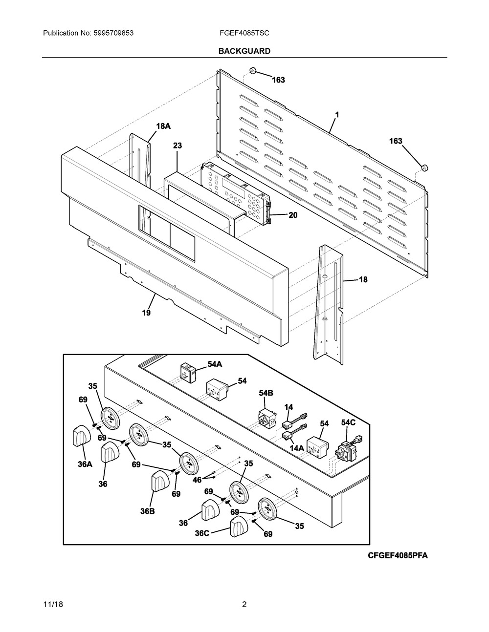 Backguard Diagram and Parts List for FGEF4085TSC  Frigidaire Range