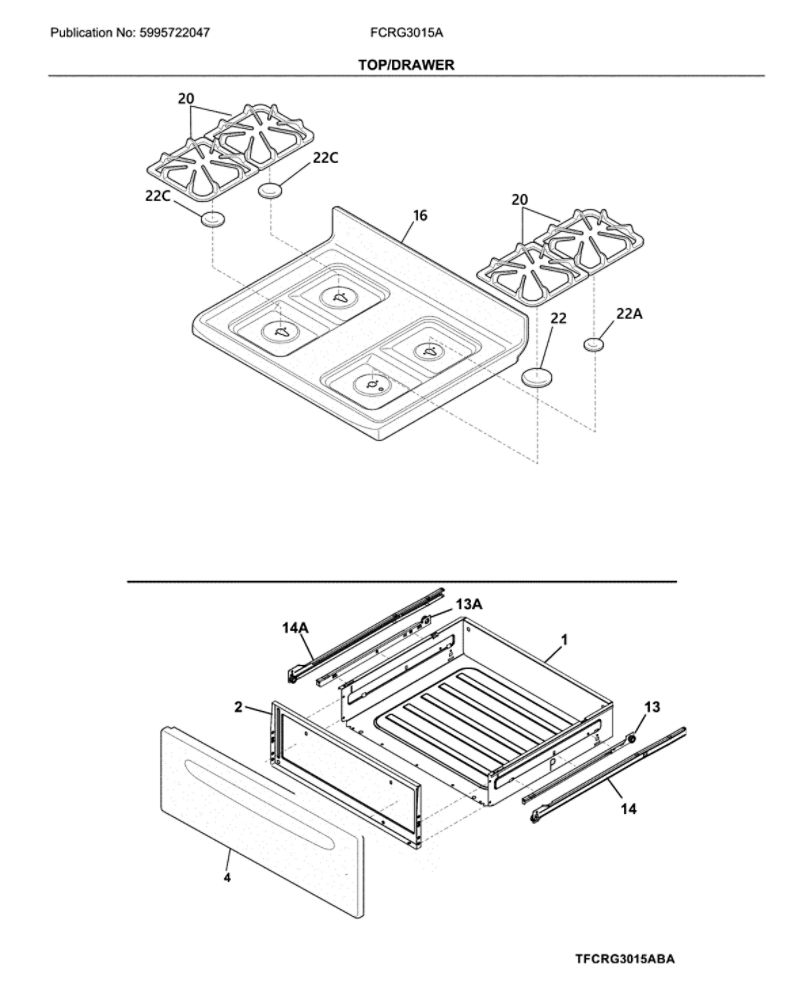 Top/Drawer Diagram and Parts List for FCRG3015AWB  Frigidaire Range
