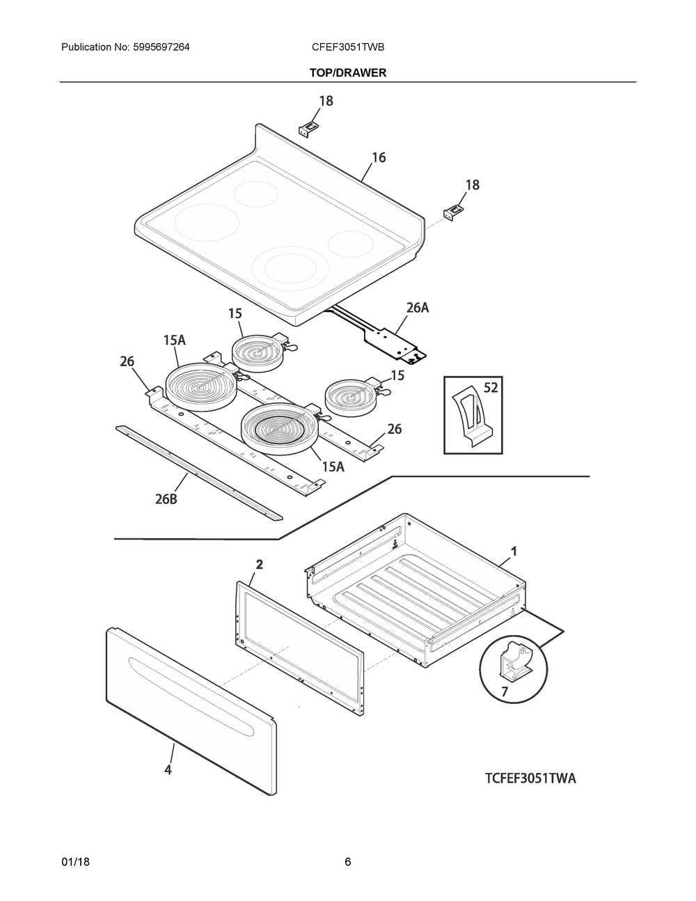 Top/drawer Diagram and Parts List for CFEF3051TWB  Frigidaire Range