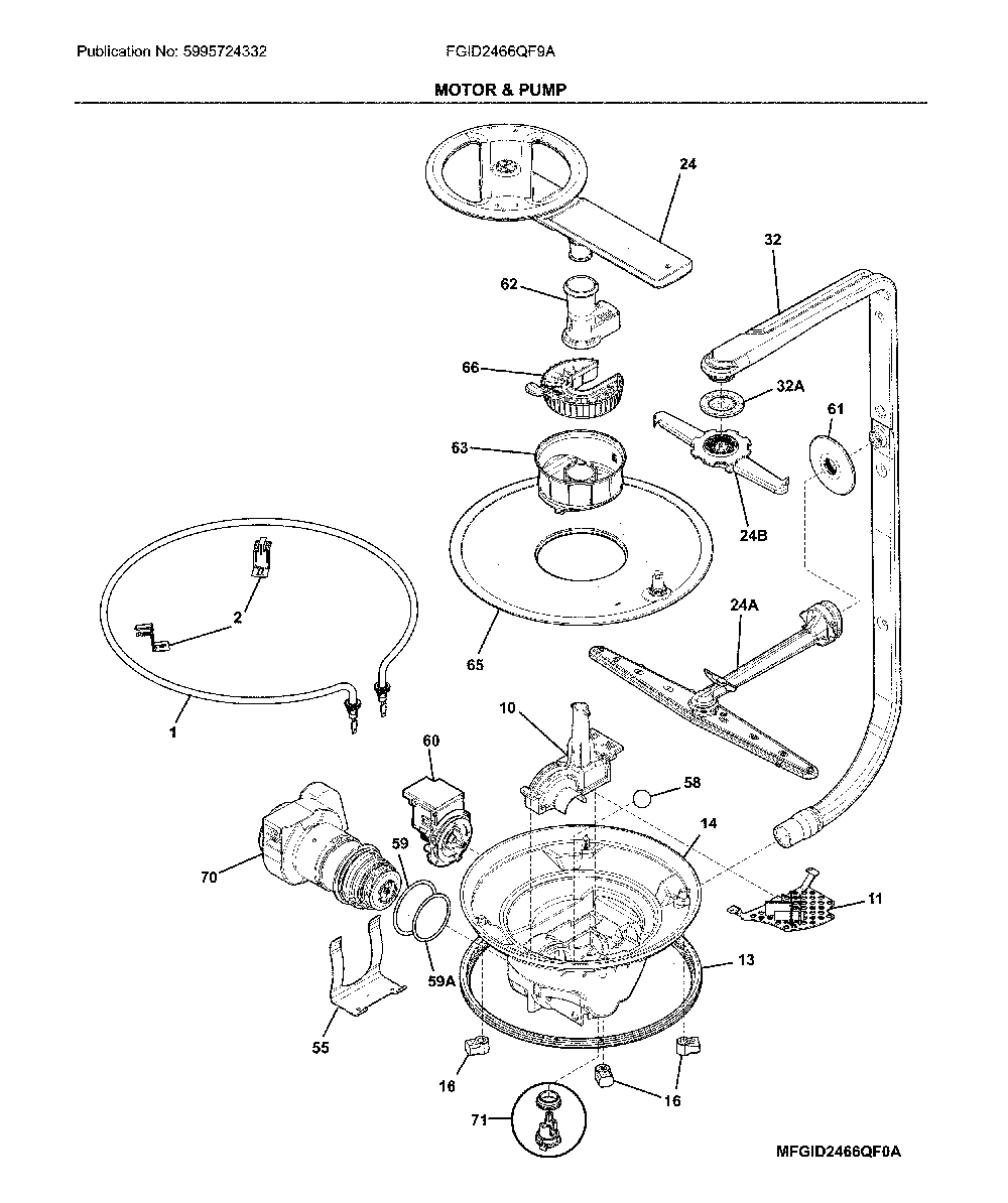 Motor & pump Diagram and Parts List for FGID2466QF9A  Frigidaire Dishwasher