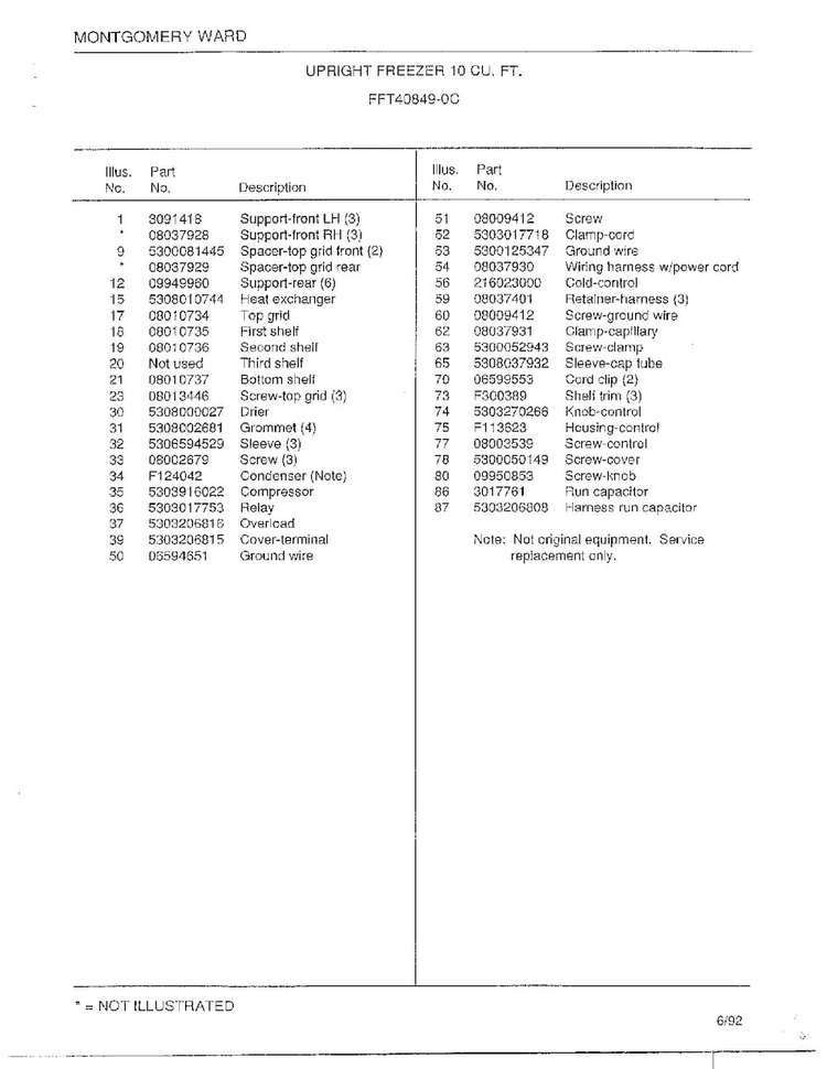 Upright Freezer 10 Cubic Feet Page 6 Diagram and Parts List for 40849-0C  Frigidaire Freezer
