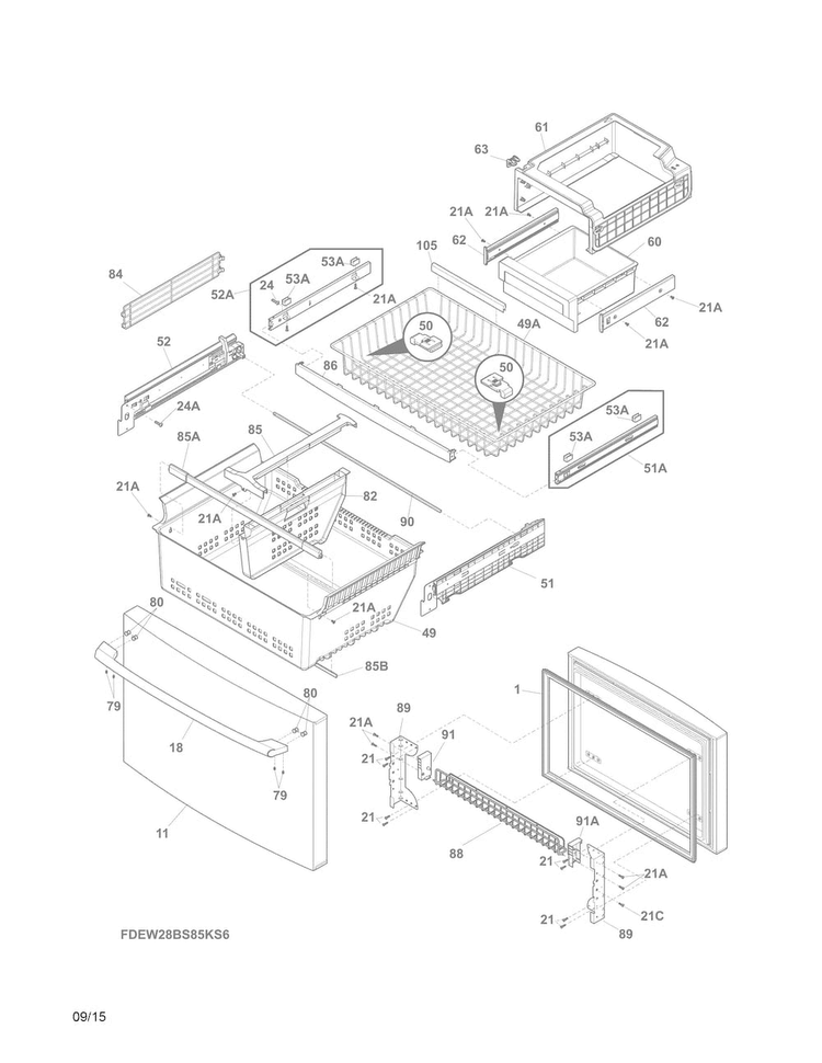 Freezer Drawer, Baskets Diagram and Parts List for EW28BS85KS8  Electrolux Refrigerator