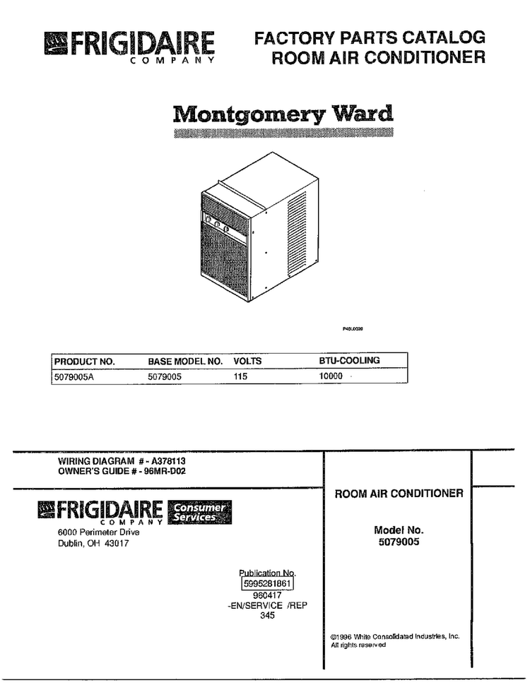 Room Air Conditioner Diagram and Parts List for 5079005A  Frigidaire Air Conditioner
