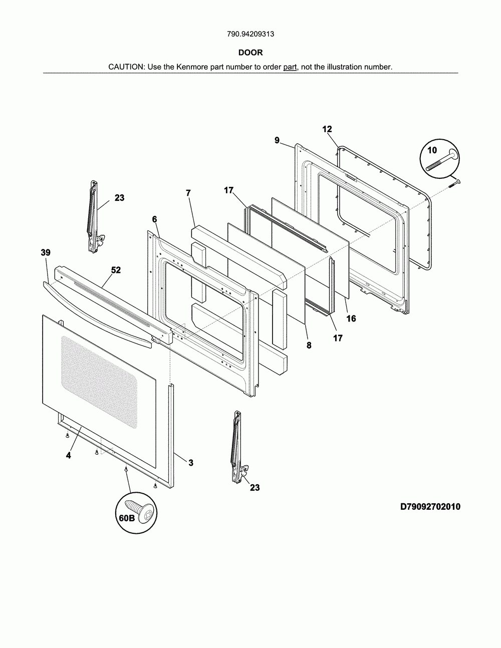 Door Diagram and Parts List for 79094209313  Kenmore Range