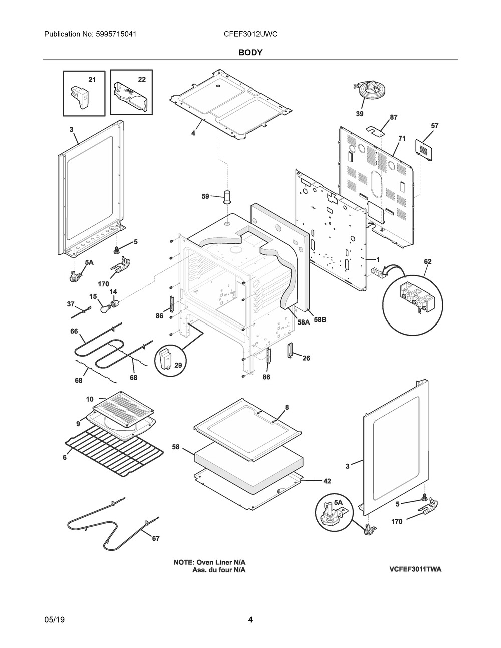 Body Diagram and Parts List for CFEF3012UWC  Frigidaire Range
