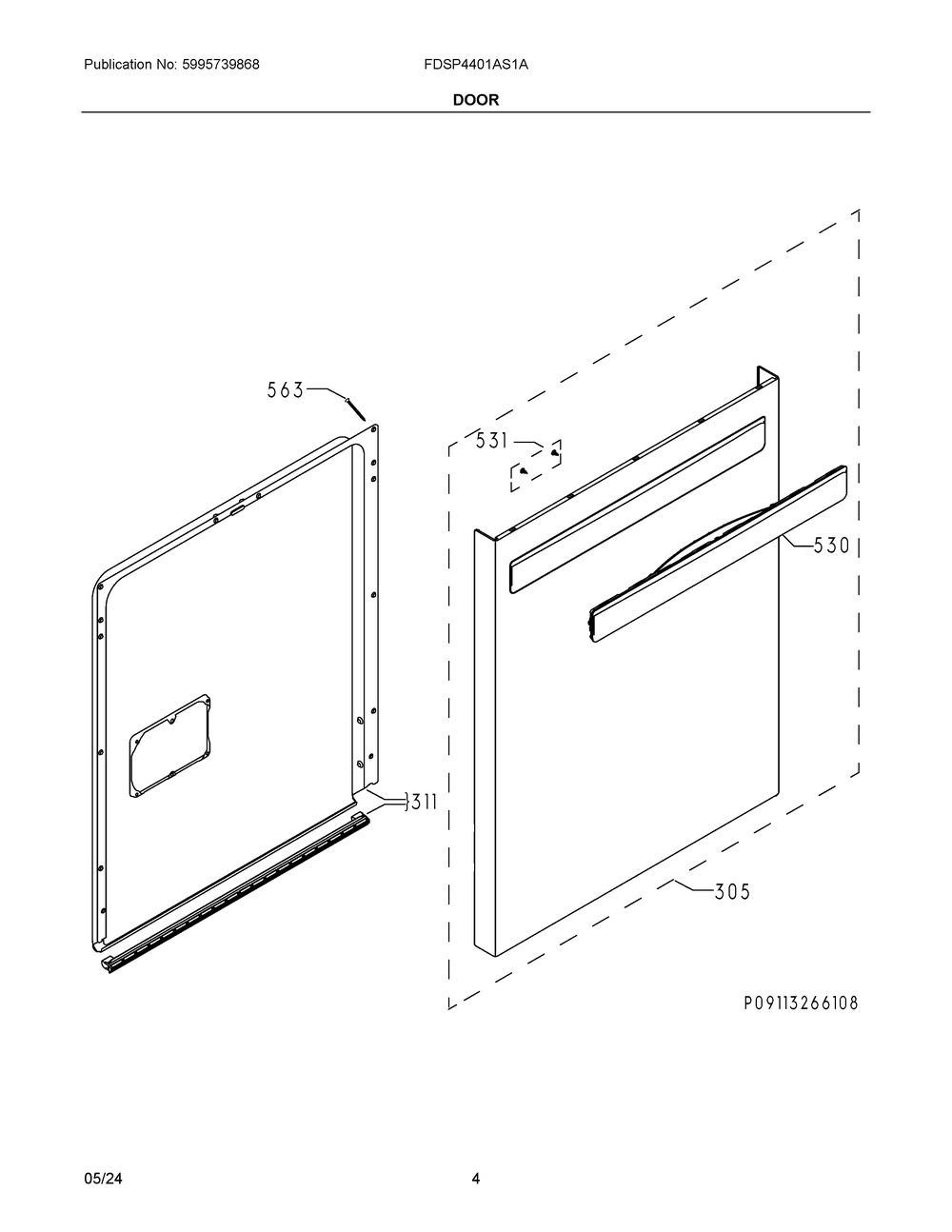 Door Diagram and Parts List for FDSP4401AS1A  Frigidaire Dishwasher