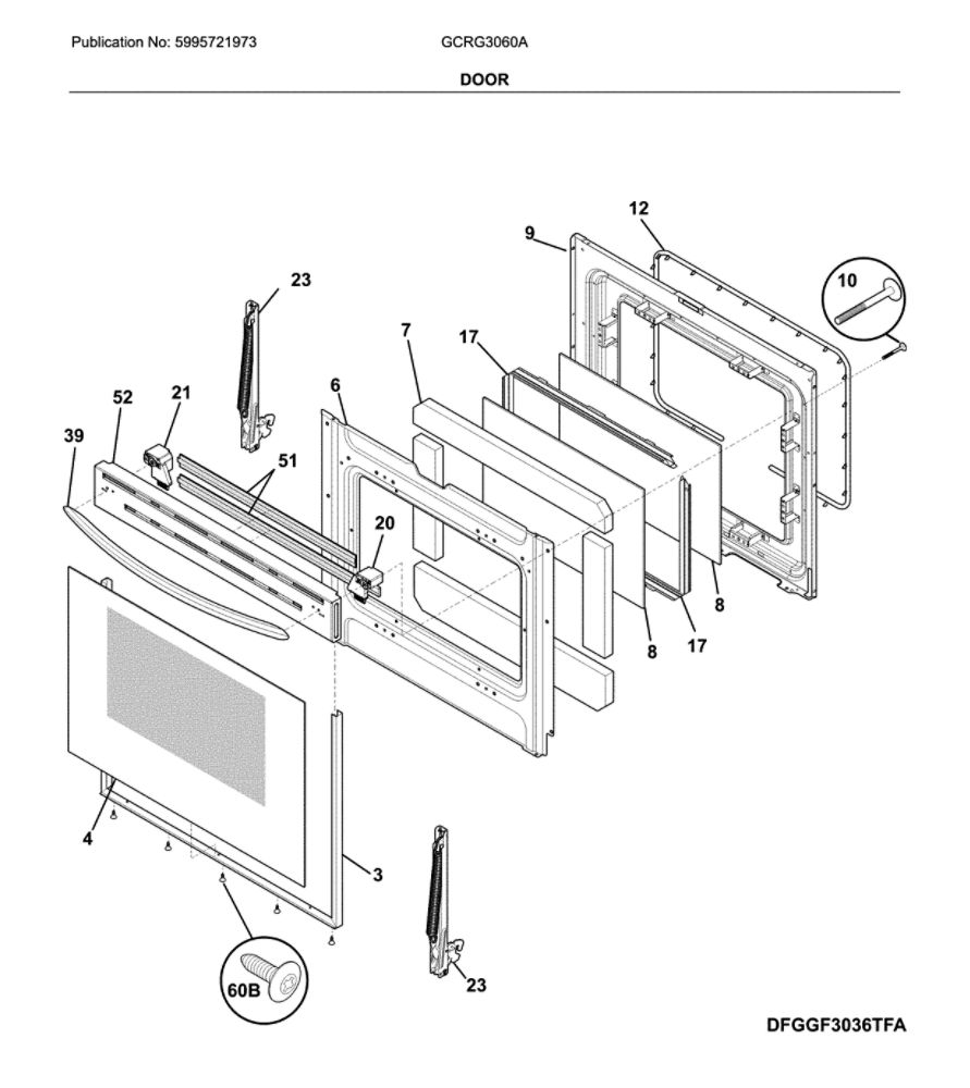 Door Diagram and Parts List for GCRG3060ADB  Frigidaire Range