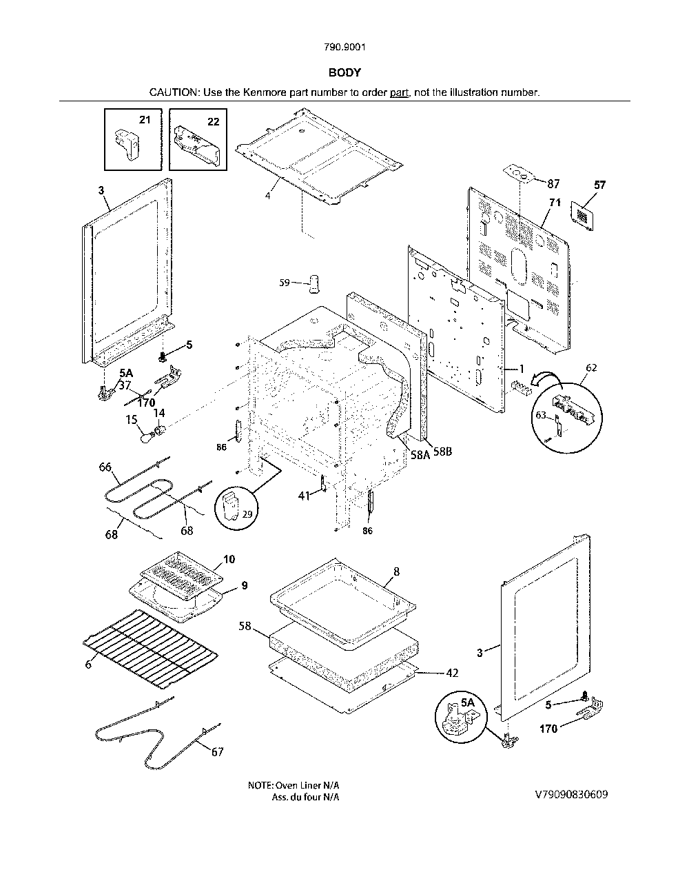 Body Diagram and Parts List for 79090011314  Kenmore Range