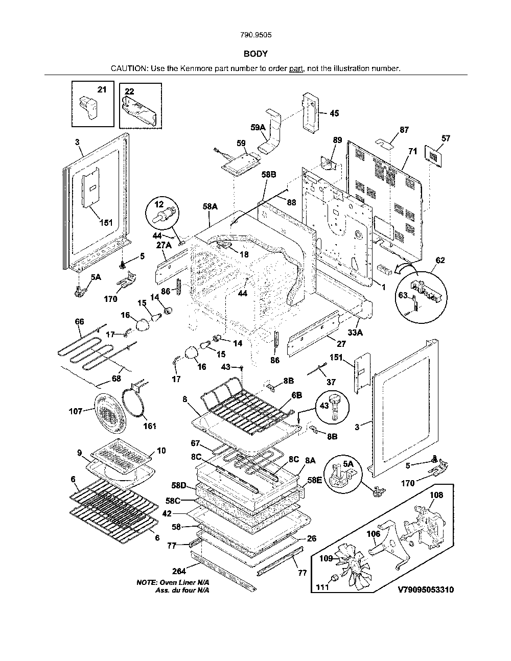 Body Diagram and Parts List for 79095059314  Kenmore Range