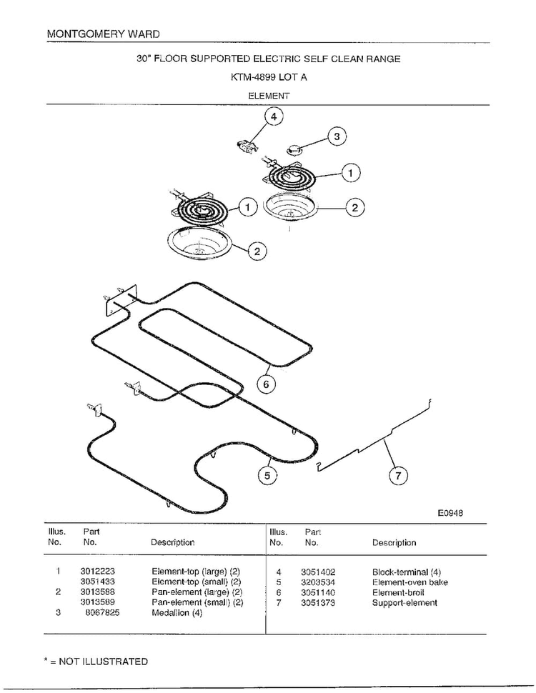 Element Diagram and Parts List for 4899A  Frigidaire Range