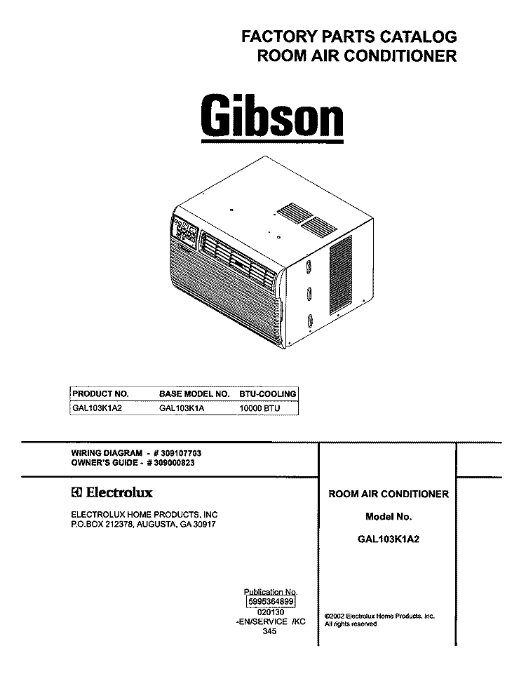 COVER Diagram and Parts List for GAL103K1A2  Gibson Air Conditioner