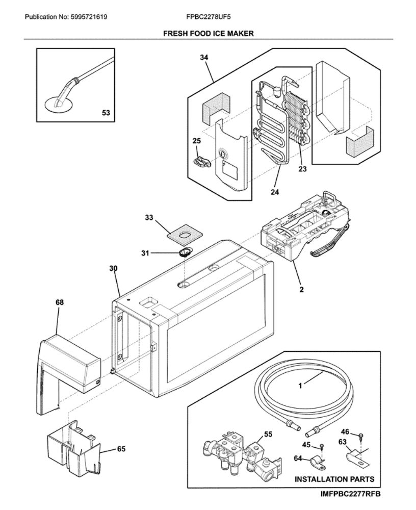 Fresh Food Ice Maker Diagram and Parts List for FPBC2278UF5  Frigidaire Refrigerator