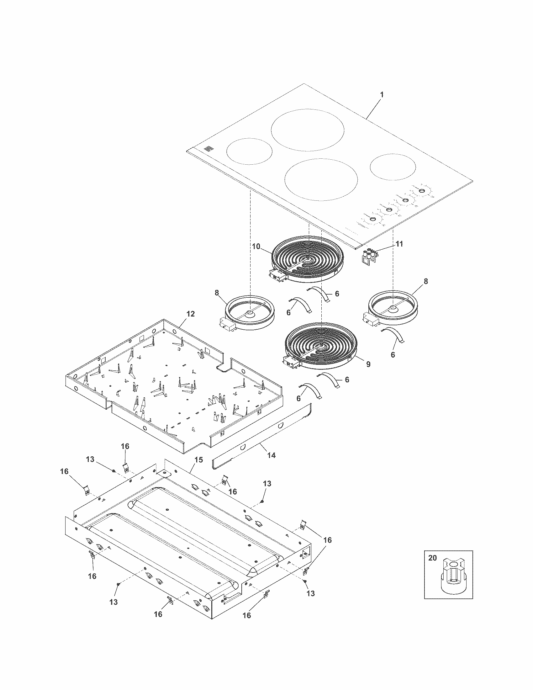 Main Top/surface Units Diagram and Parts List for 79045109410  Kenmore Cooktop