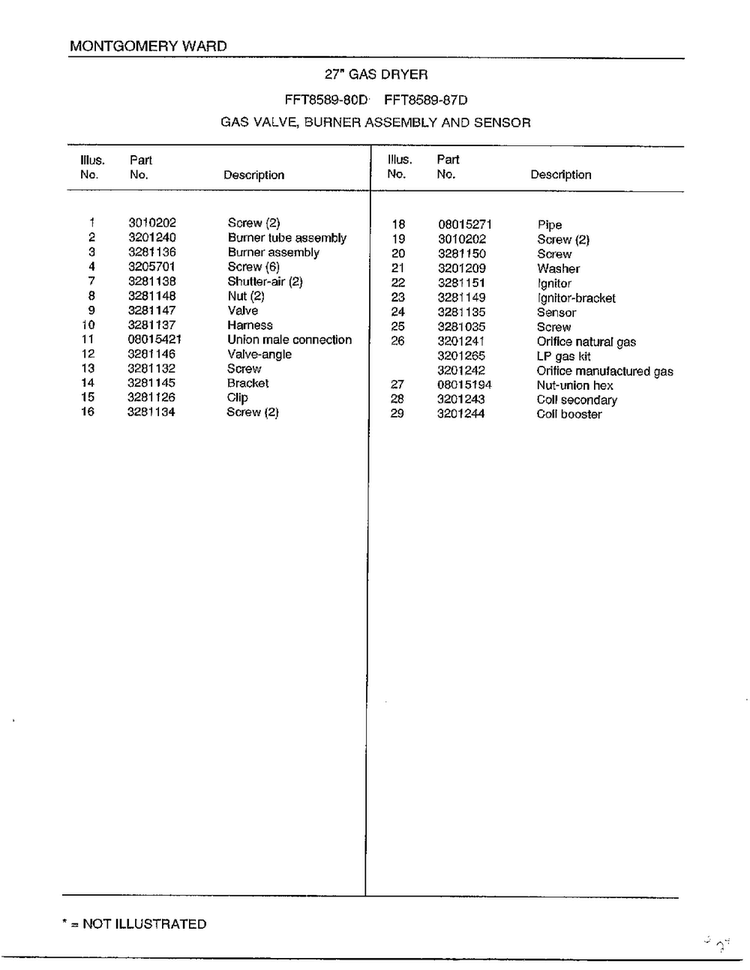 Gas Valve/burner Assembly And Sensor Page 2 Diagram and Parts List for 8589-80D  Frigidaire Dryer