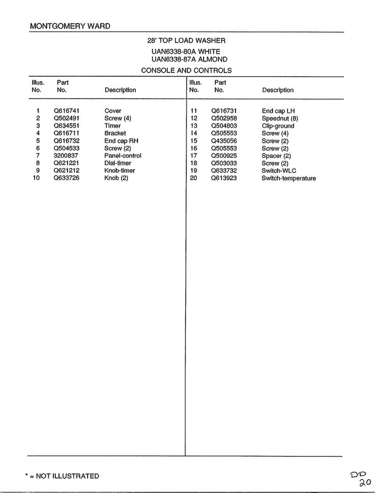 Console And Controls Page 2 Diagram and Parts List for 6338A  Frigidaire Washer