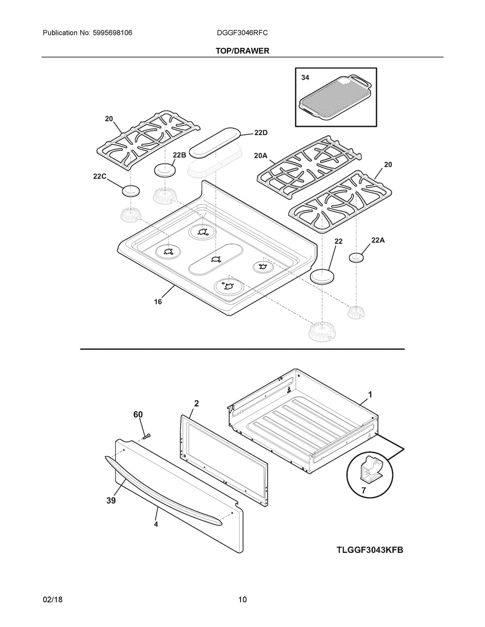 Top/drawer Diagram and Parts List for DGGF3046RFC  Frigidaire Range
