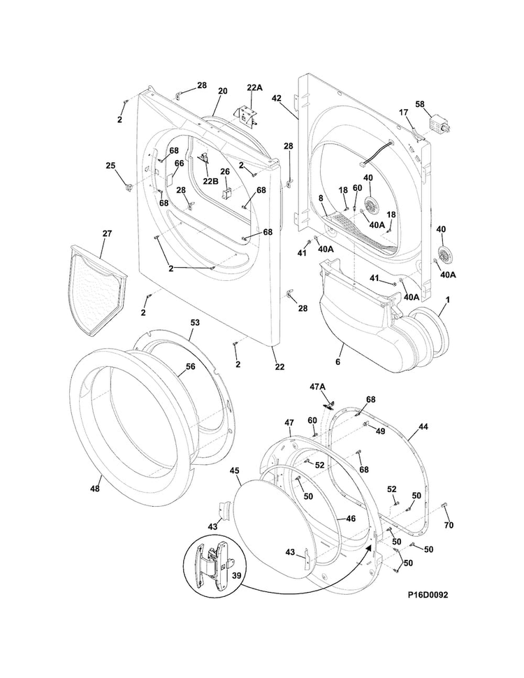 Front Panel/lint Filter Diagram and Parts List for CFQE5000QW0  Frigidaire Dryer