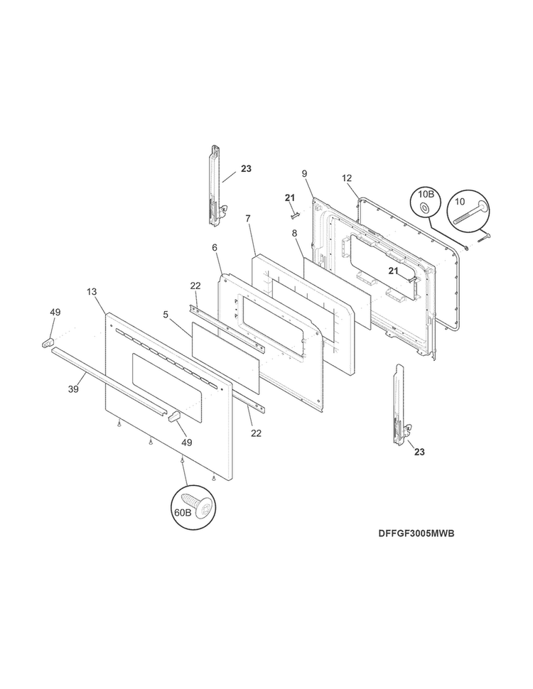 Door Diagram and Parts List for FFGF3005MWB  Frigidaire Range