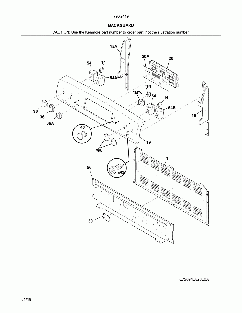 Backguard Diagram and Parts List for 79094192313  Kenmore Range