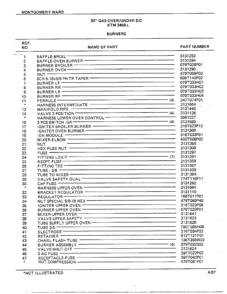 30" Gas Over/under Burners Page 2 Diagram and Parts List for 3468A  Frigidaire Range