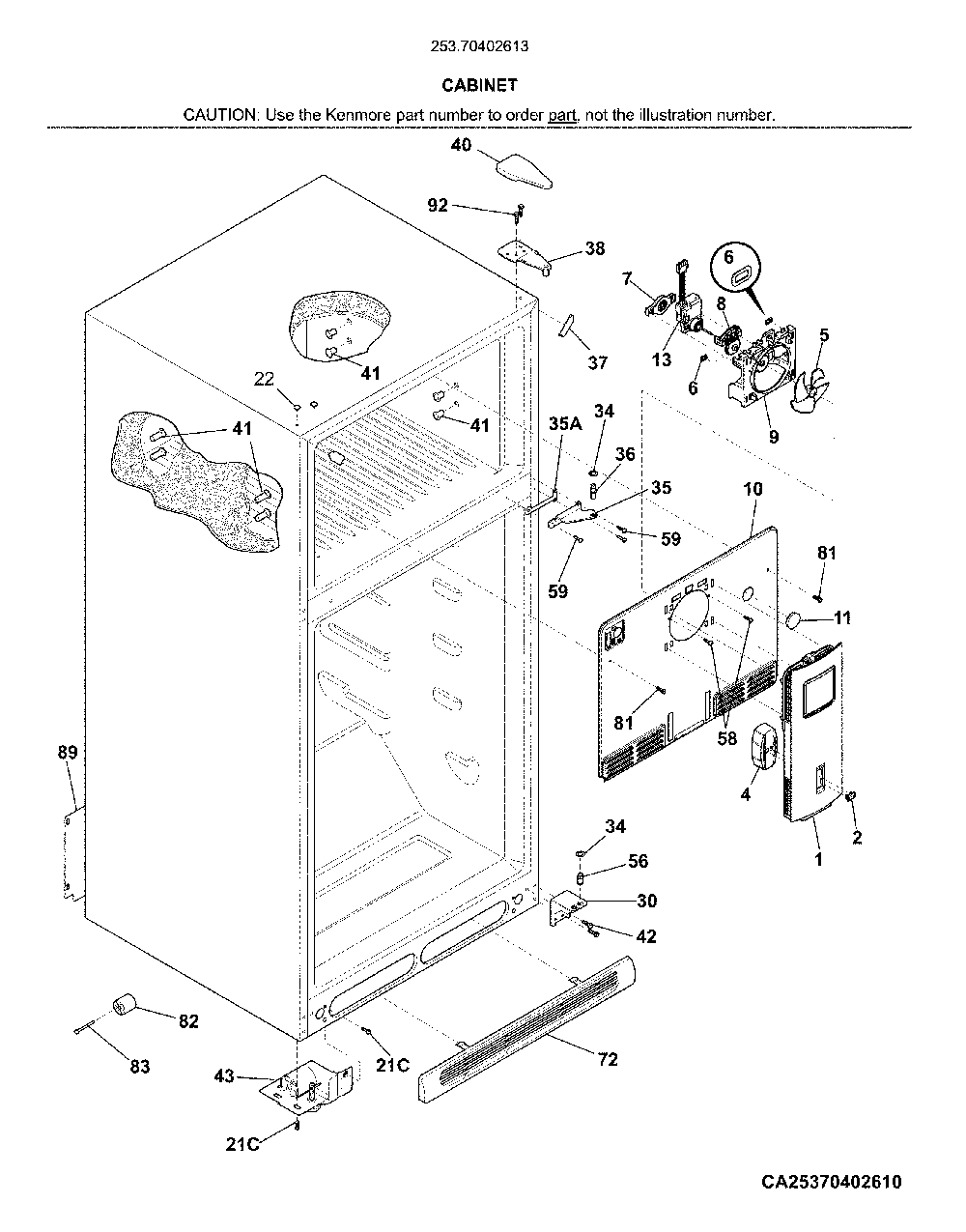 Cabinet Diagram and Parts List for 25370402613  Kenmore Refrigerator