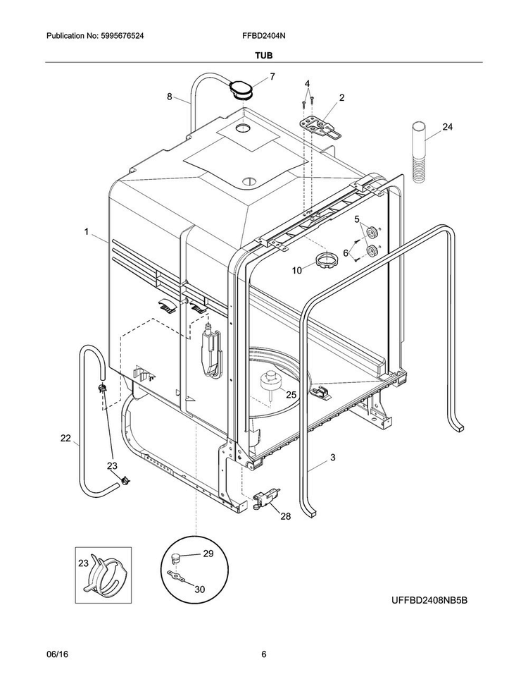 Tub Diagram and Parts List for FFBD2404NB7C  Frigidaire Dishwasher