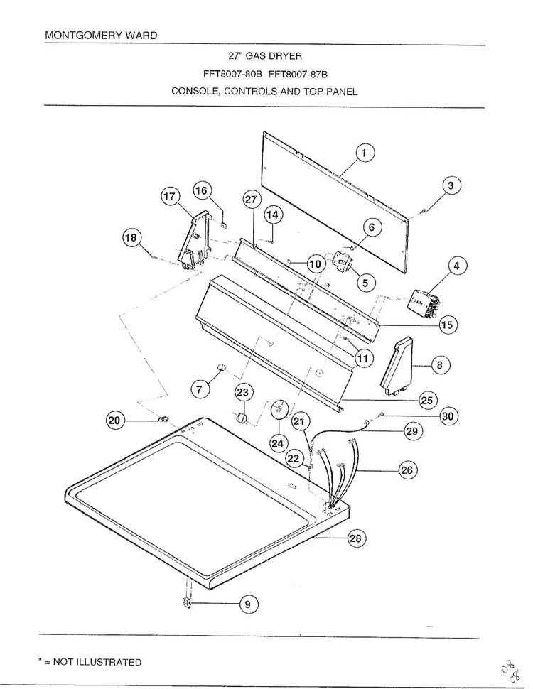 Console/controls And Top Panel Diagram and Parts List for 8007B  Frigidaire Dryer