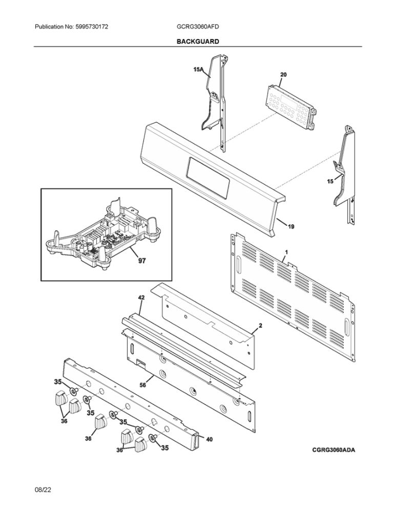 Backguard Diagram and Parts List for GCRG3060AFD  Frigidaire Range