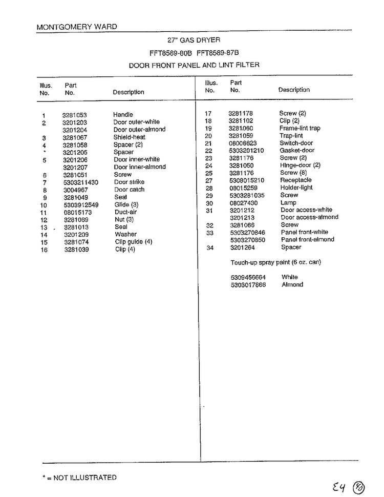 Door Front Panel/lint Filter Page 2 Diagram and Parts List for 8589-87B  Frigidaire Dryer