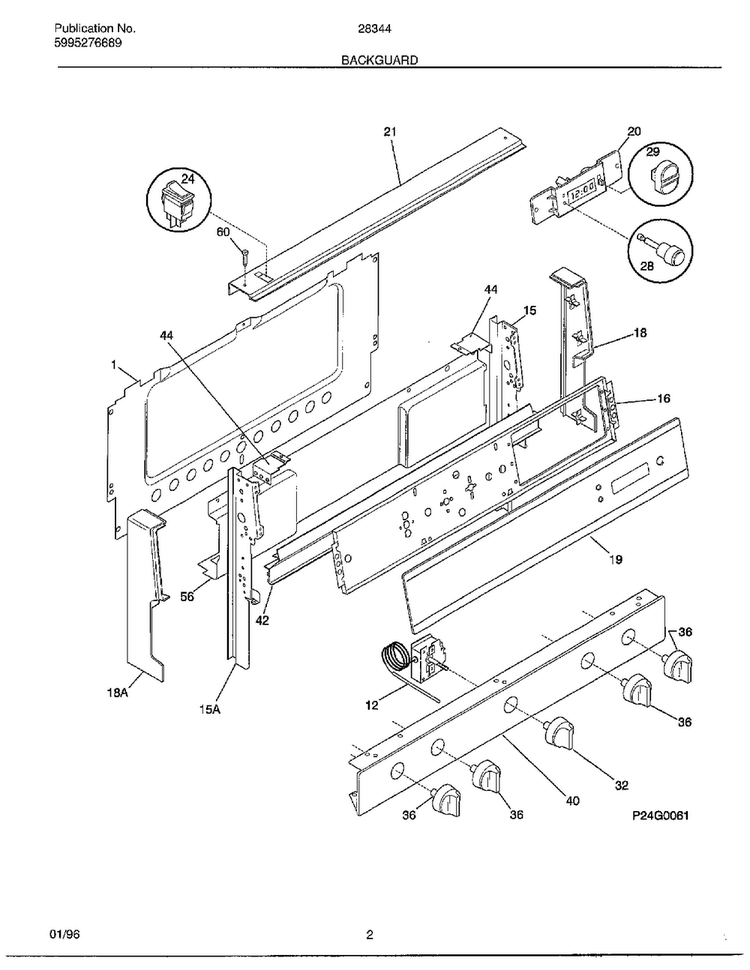 Backguard Diagram and Parts List for 283440B  Frigidaire Range