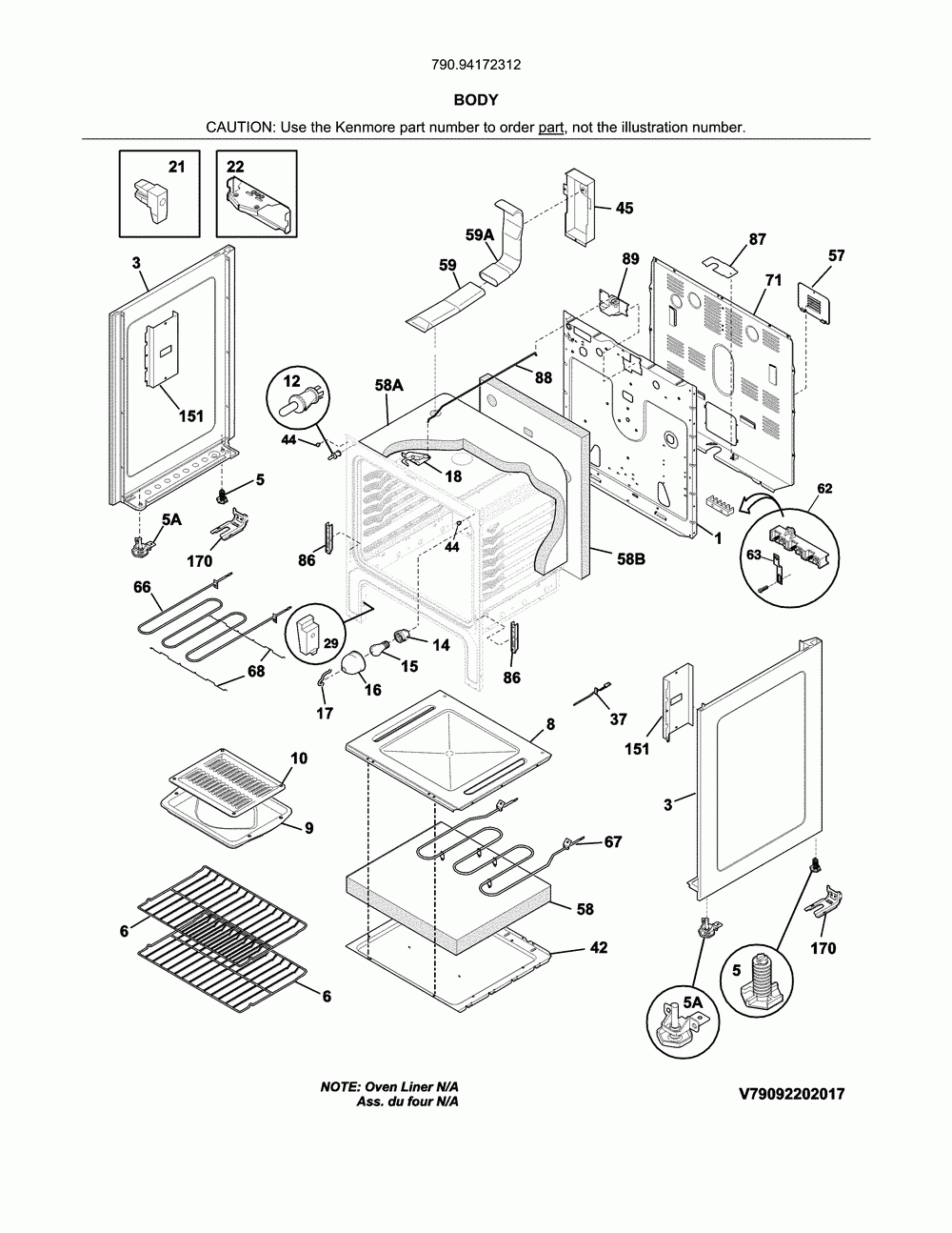 Body Diagram and Parts List for 79094172312  Kenmore Range