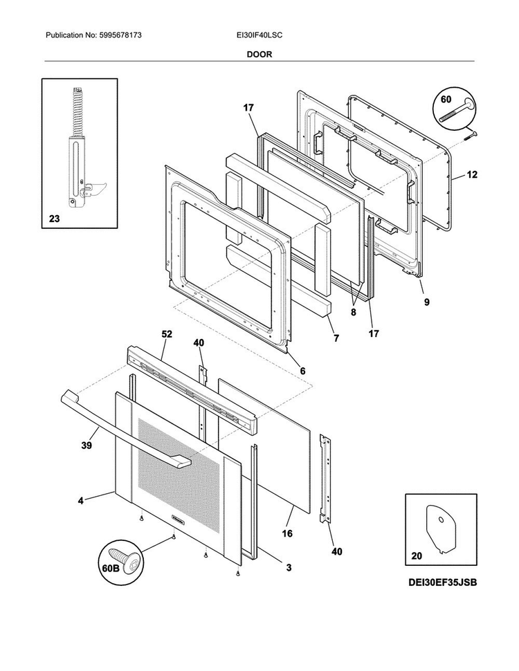 Door Diagram and Parts List for EI30IF40LSC  Electrolux Range