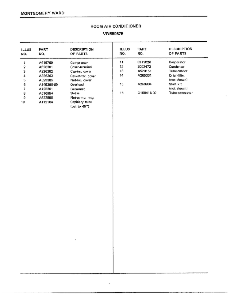 Room Air Conditioner Page 6 Diagram and Parts List for 5057B  Frigidaire Air Conditioner