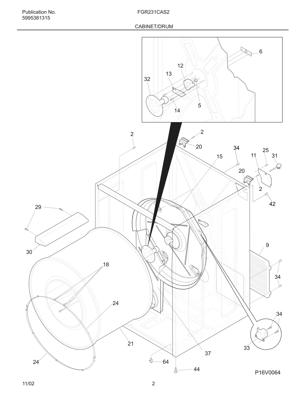 Cabinet/Drum Diagram and Parts List for FGR231CAS2  Frigidaire Dryer