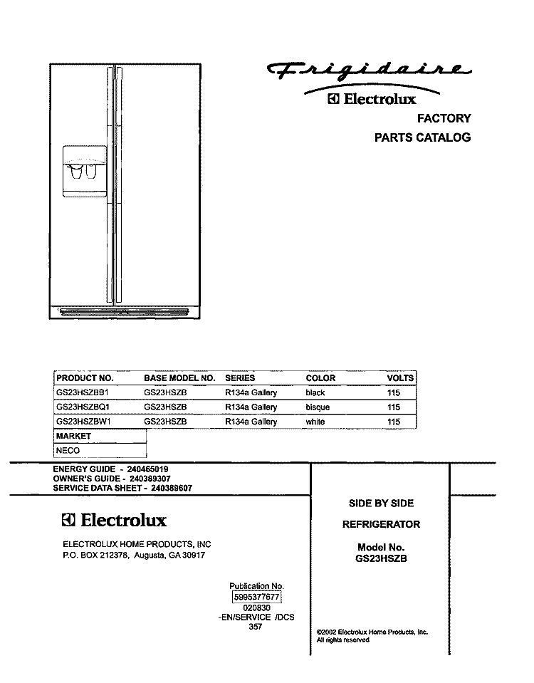 COVER Diagram and Parts List for GS23HSZBW1  Frigidaire Refrigerator