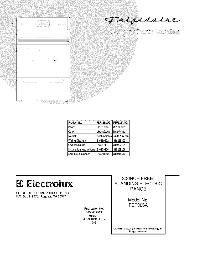 COVER Diagram and Parts List for FEF326AUG  Frigidaire Range