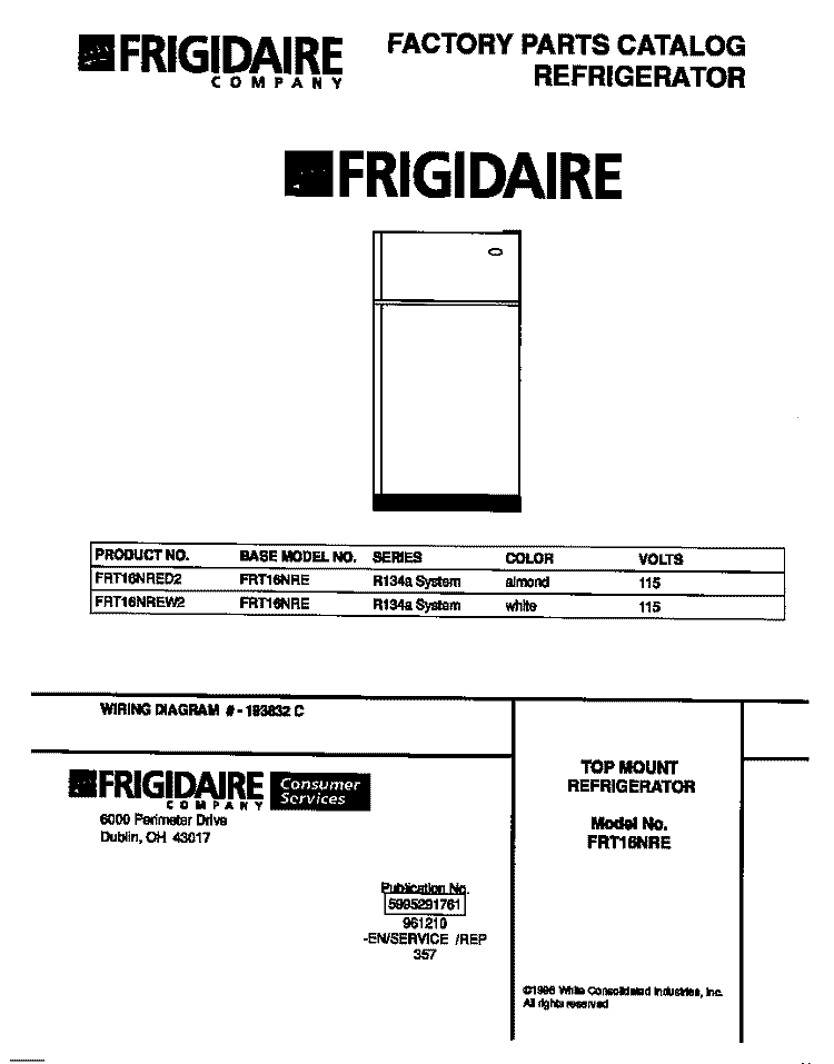 COVER Diagram and Parts List for FRT16NREW2  Frigidaire Refrigerator