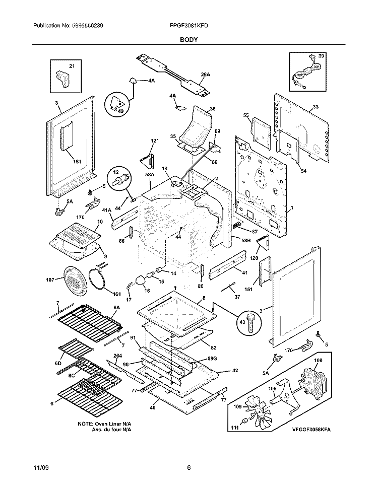 BODY Diagram and Parts List for FPGF3081KFD  Frigidaire Range