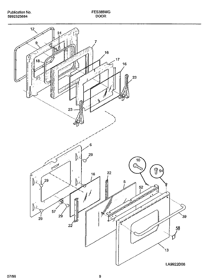 DOOR Diagram and Parts List for FES388WGCF  Frigidaire Range
