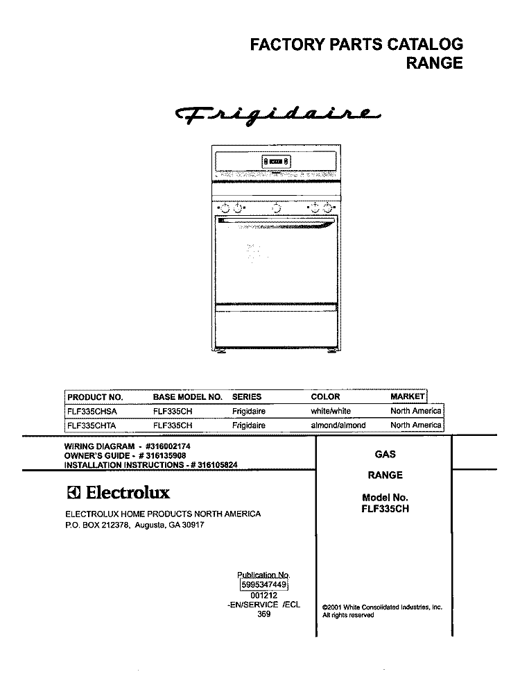 COVER Diagram and Parts List for FLF335CHTA  Frigidaire Range