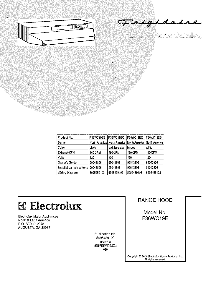 COVER Diagram and Parts List for F36WC19EC  Frigidaire Range Hood
