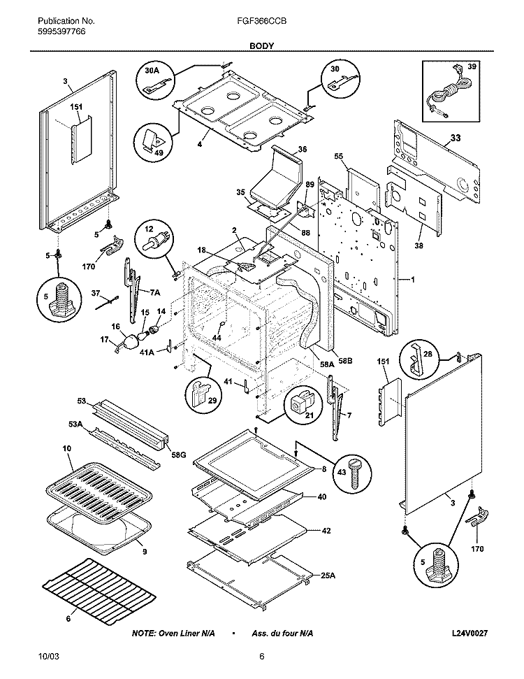 BODY Diagram and Parts List for FGF366CCB  Frigidaire Range
