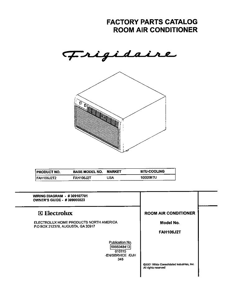 COVER Diagram and Parts List for FAH106J2T2  Frigidaire Air Conditioner