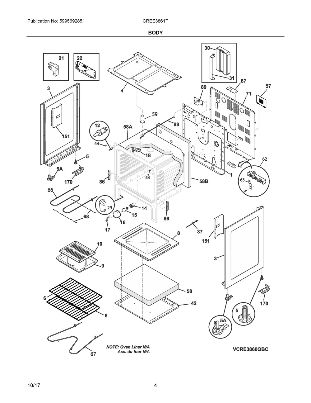Body Diagram and Parts List for CREE3861TBA  Frigidaire Range